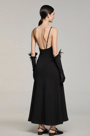 Robe longue formelle longue en satin noir à bretelles spaghetti